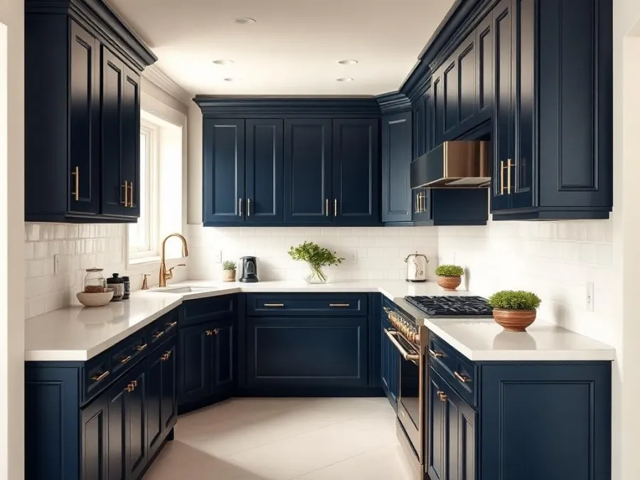 Kitchen with deep navy cabinets and brass hardware