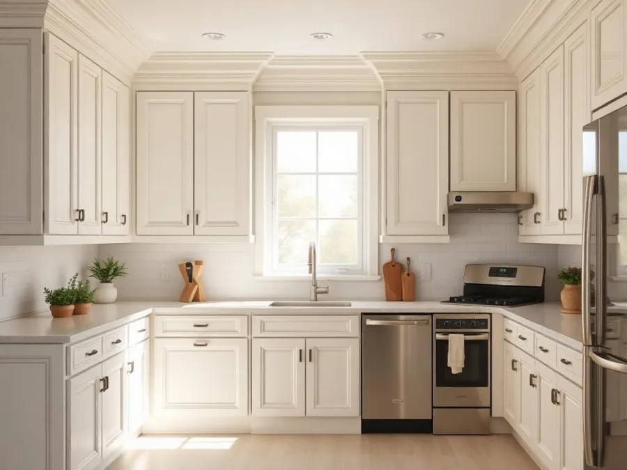 Kitchen with off-white raised-panel cabinets