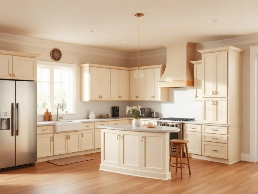 Kitchen with warm cream Shaker cabinets and wood accents