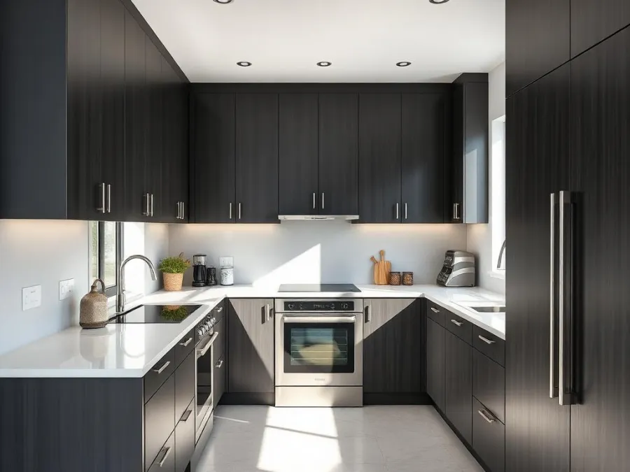 Kitchen with matte charcoal flat-panel cabinets
