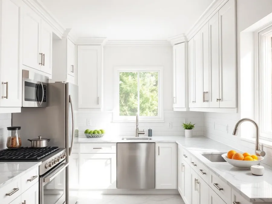 Kitchen with bright white Shaker cabinets
