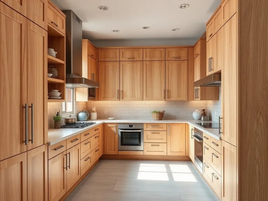 Kitchen with warm light-oak wood cabinets